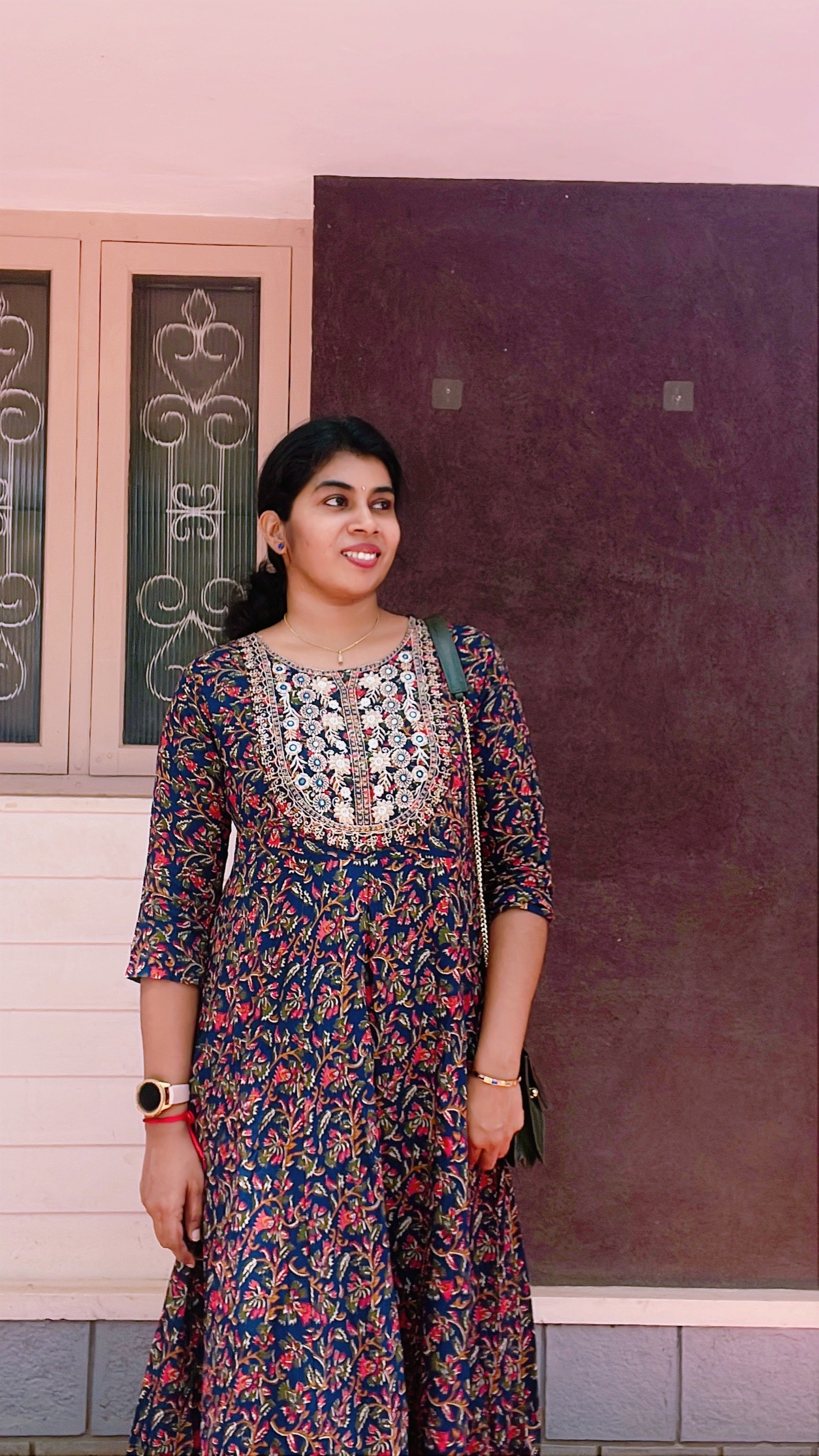 Kalamkari Anarkali Kurti- Dark blue with red