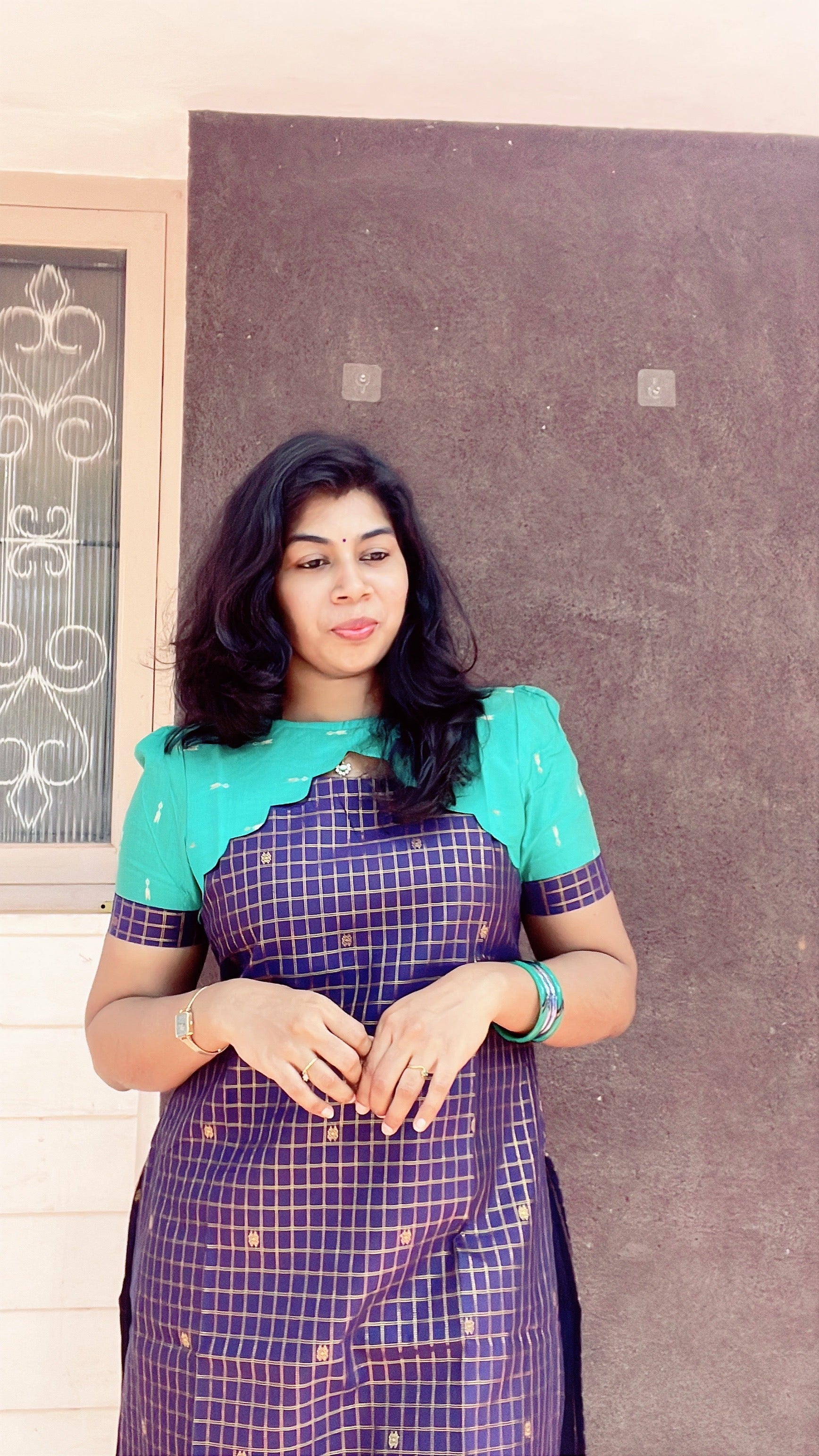Dark blue with teal green raw silk kurti