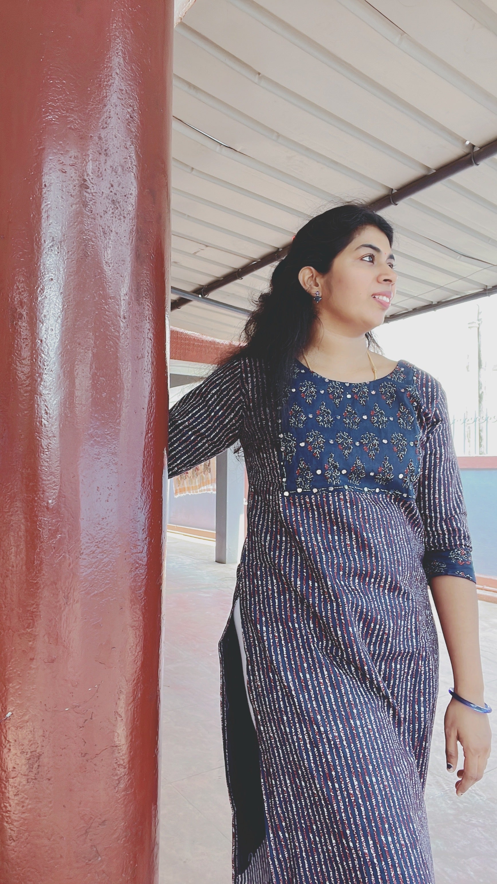 Blue Cotton Kurti with Heavy Yoke Work