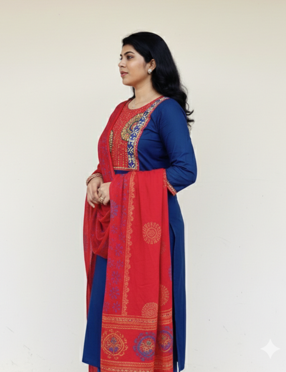 Blue and Red Gamthi Cotton Suit Set