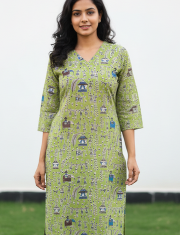 Parrot Green Warli Print Cotton Kurti