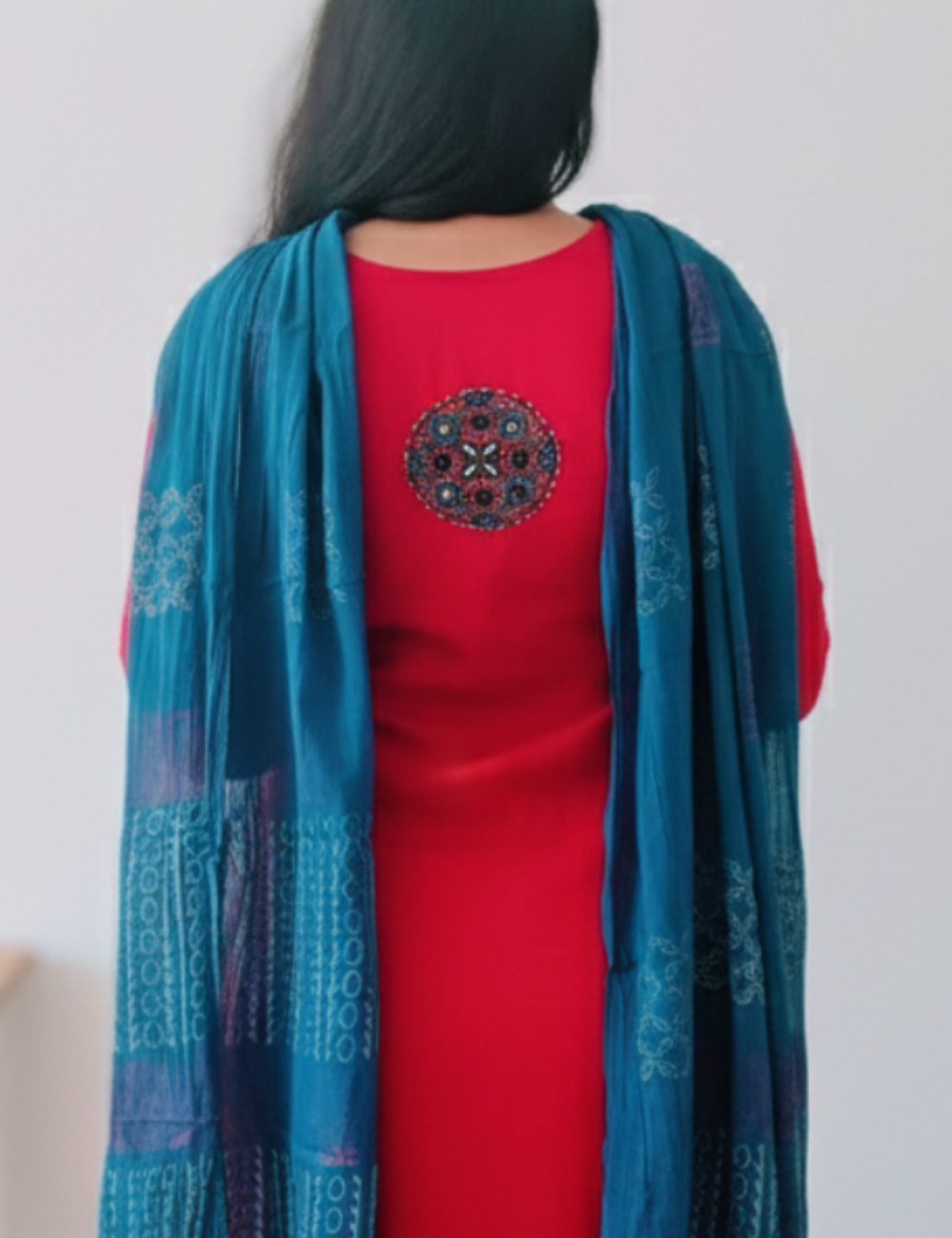 Red and Blue  Mirror Work Cotton Suit Set