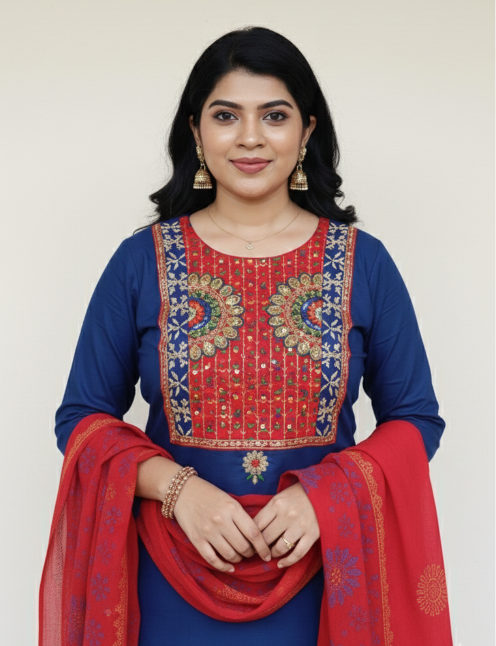 Blue and Red Gamthi Cotton Suit Set
