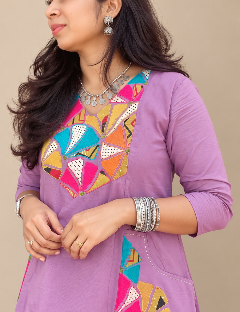 Lavendar Applique Work Kurti with Pant