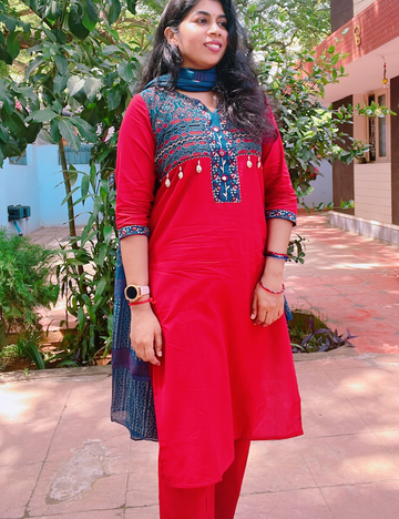 Red and Blue  Mirror Work Cotton Suit Set