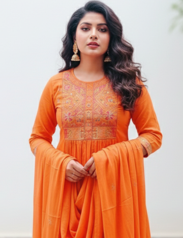 Rust Orange Embroidery Cotton Suit Set
