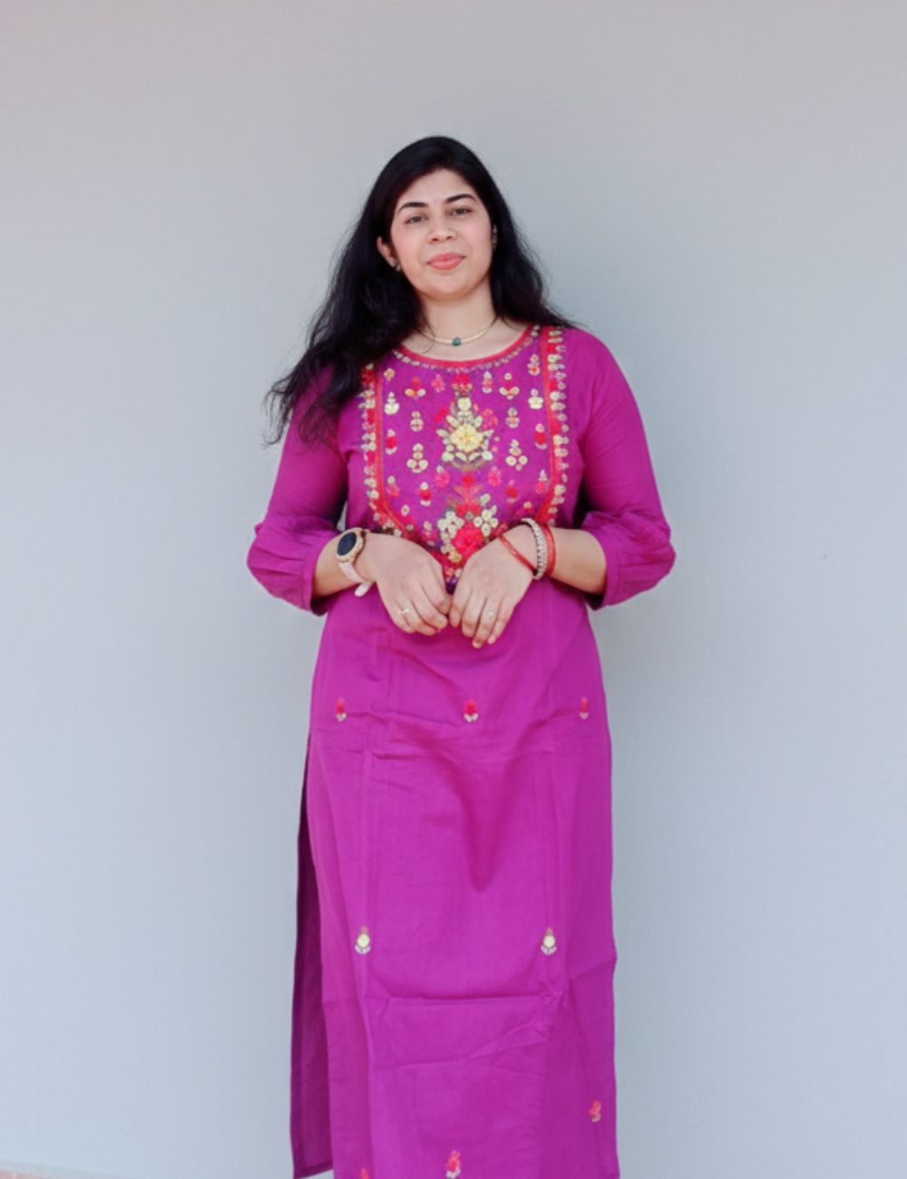 Purple Hand Embroidered Mul Cotton Kurti