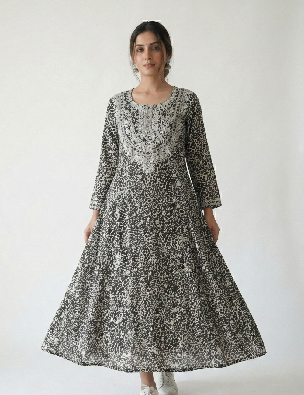 Black and White Cotton Umbrella Kurti