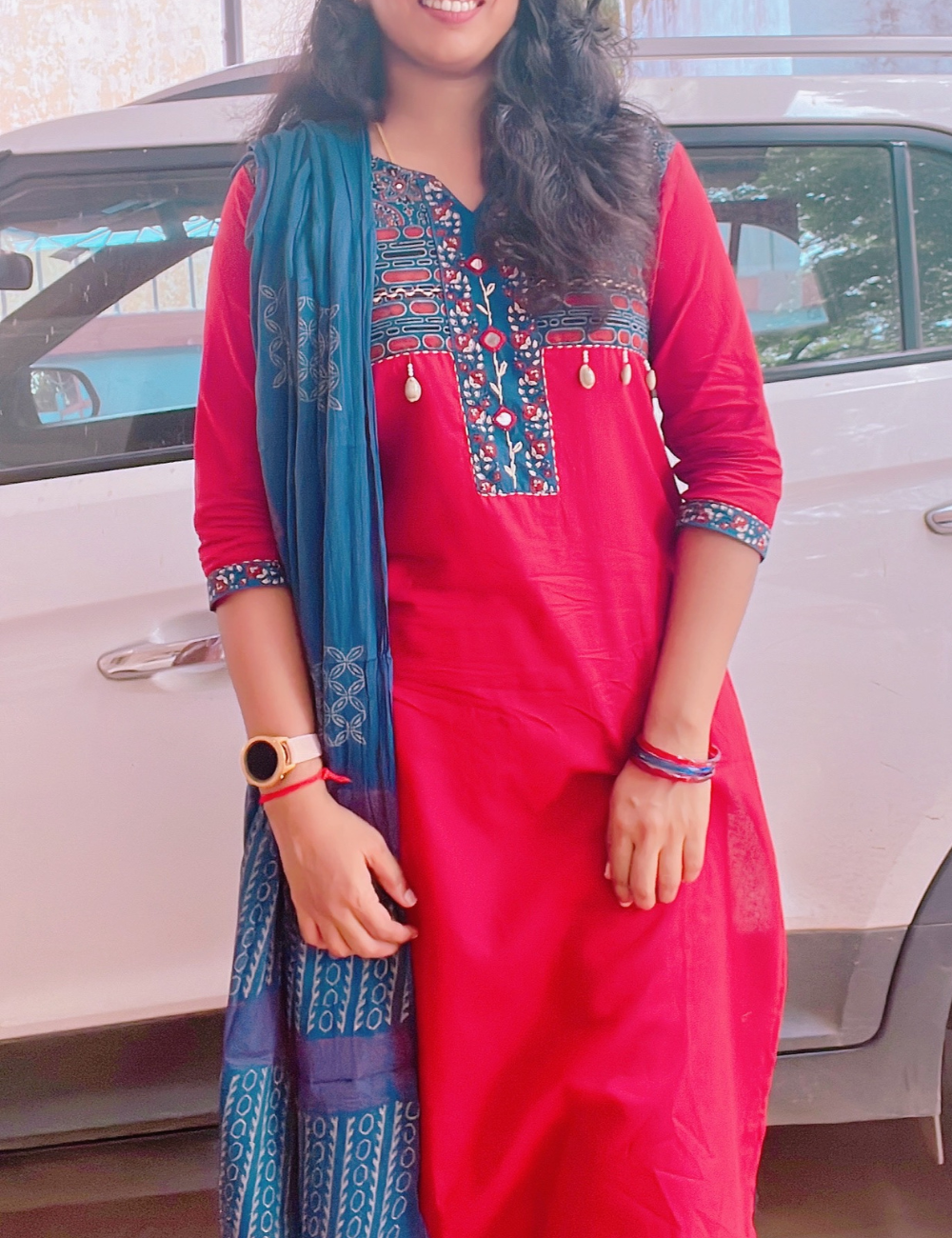 Red and Blue  Mirror Work Cotton Suit Set