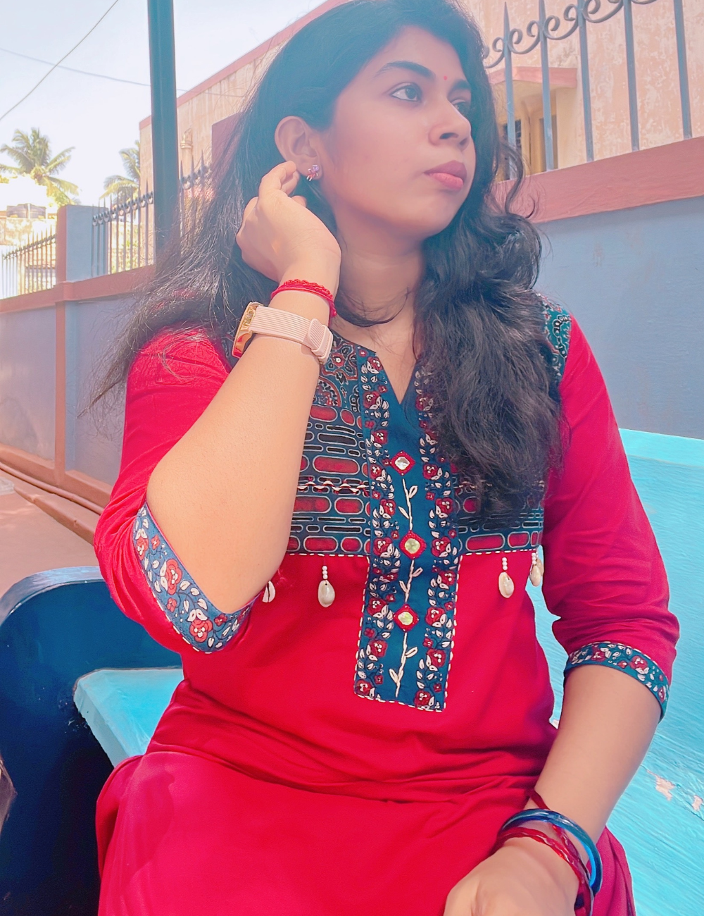 Red and Blue  Mirror Work Cotton Suit Set