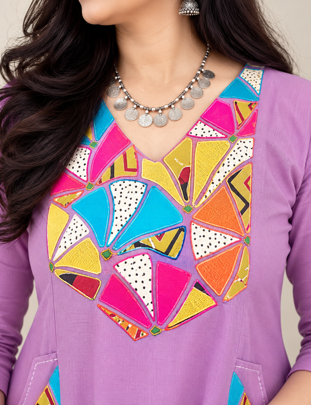 Lavendar Applique Work Kurti with Pant