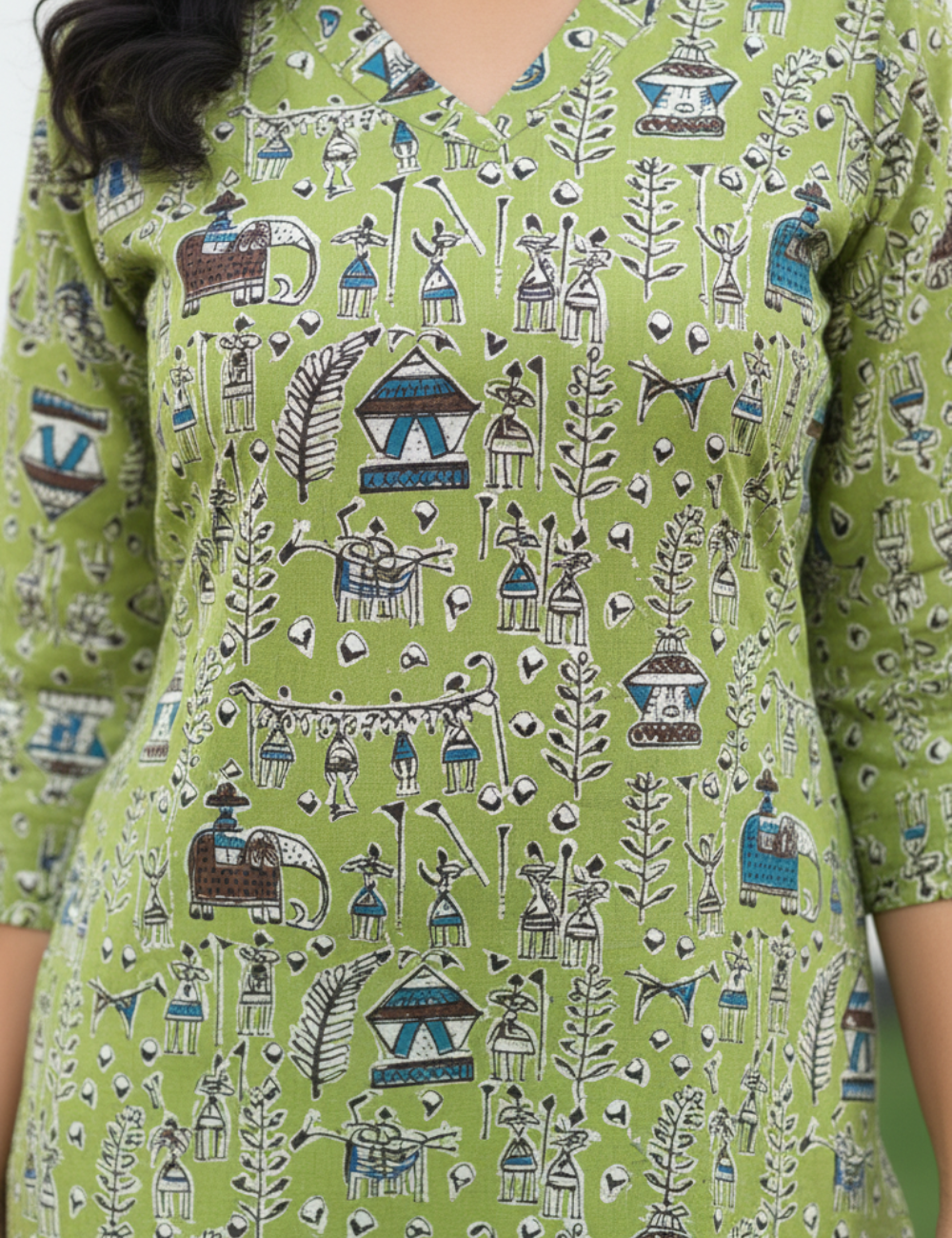 Parrot Green Warli Print Cotton Kurti