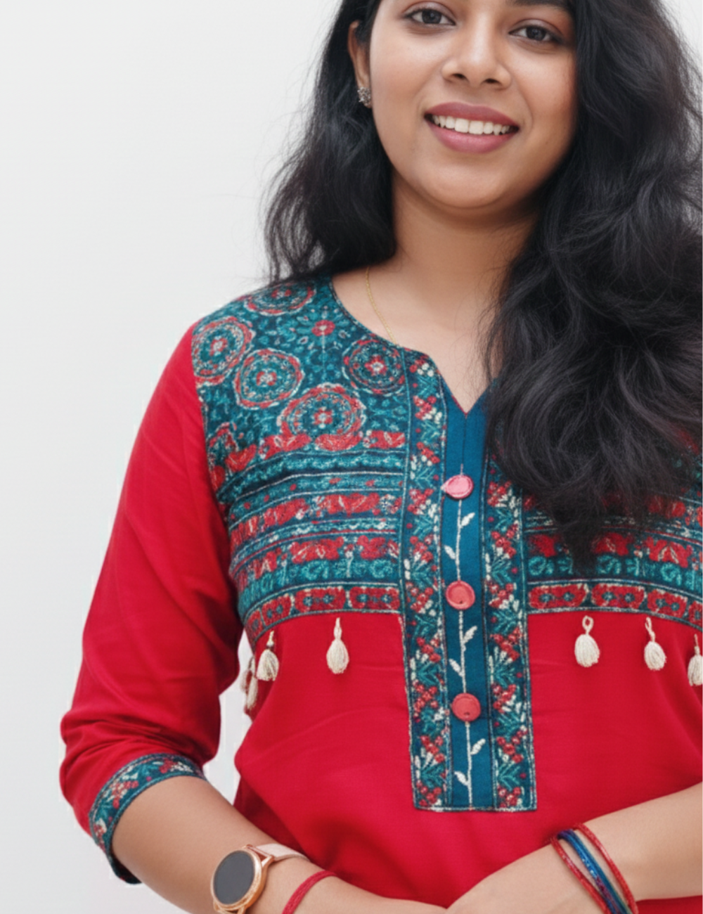 Red and Blue  Mirror Work Cotton Suit Set