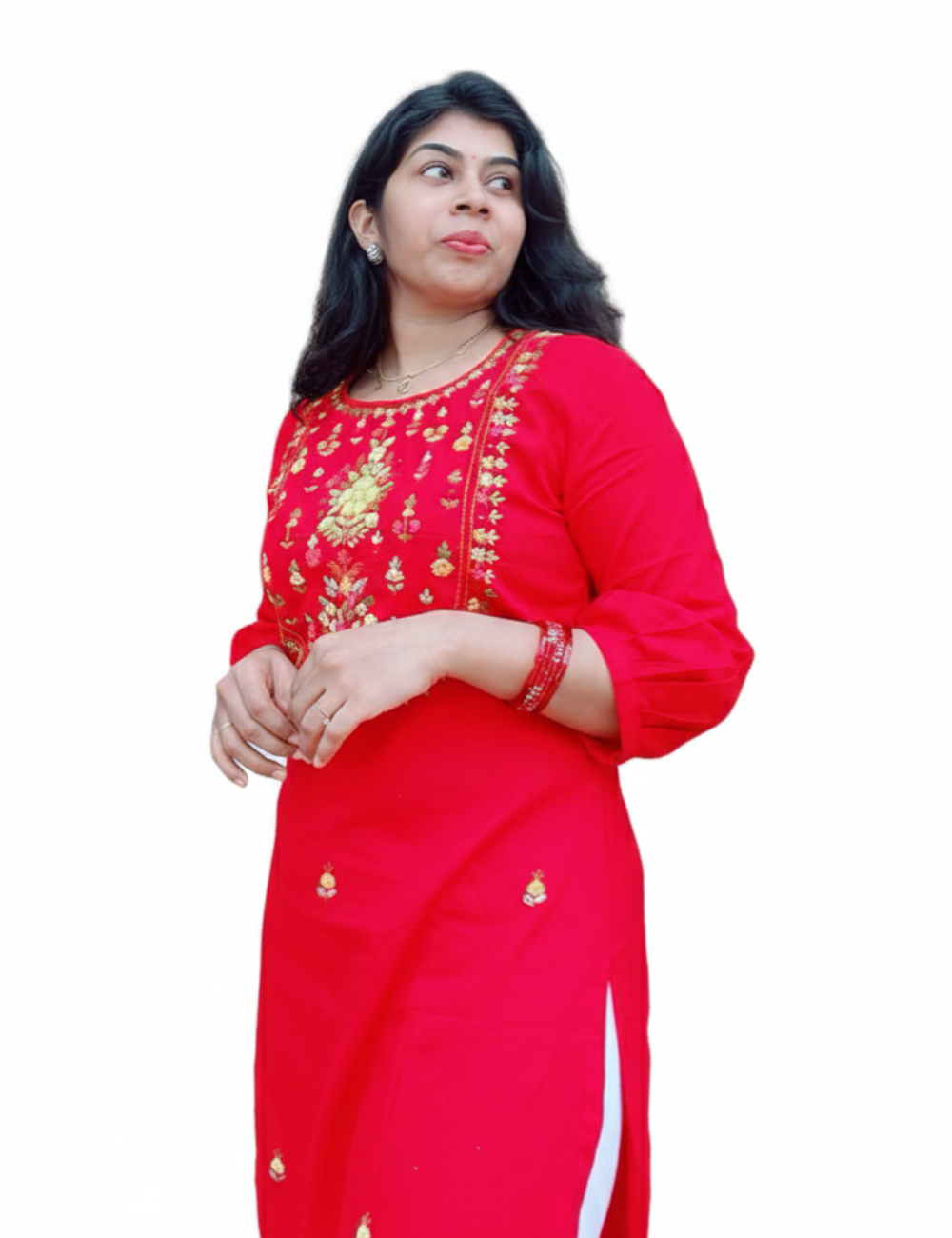 Red Hand Embroidered Mul Cotton kurti