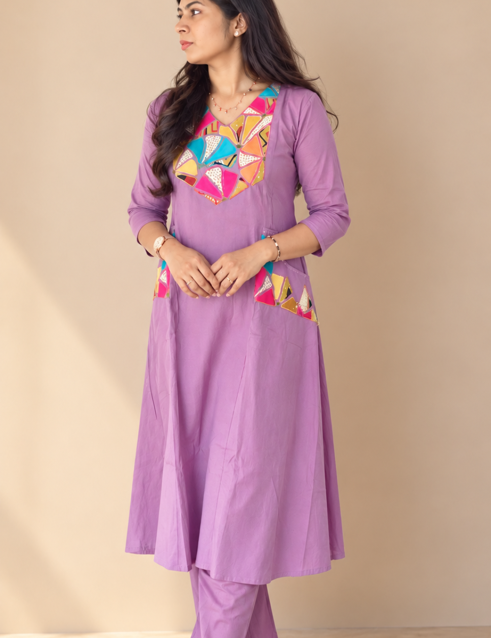 Lavendar Applique Work Kurti with Pant
