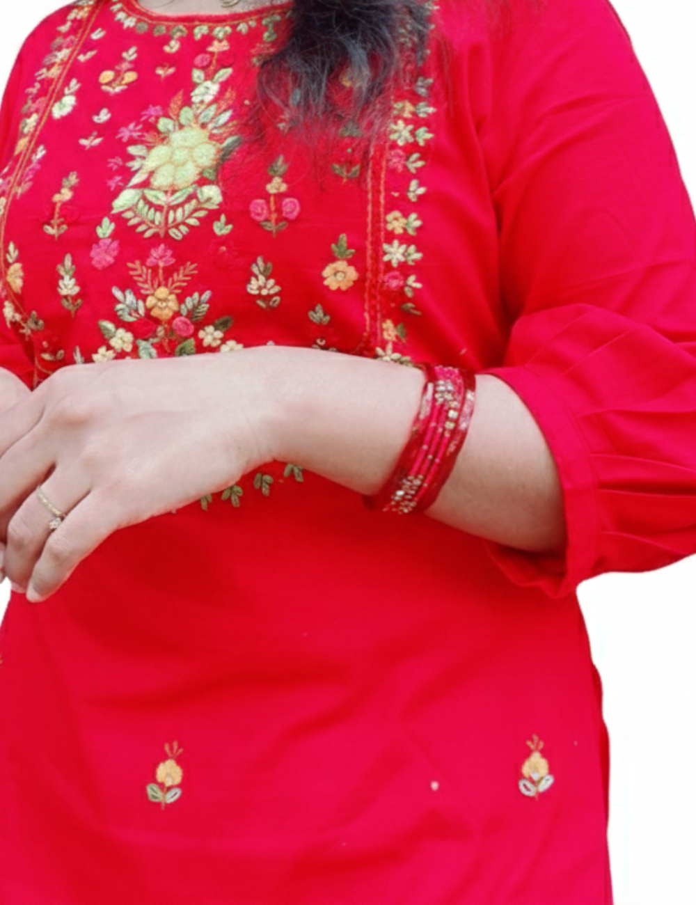 Red Hand Embroidered Mul Cotton kurti