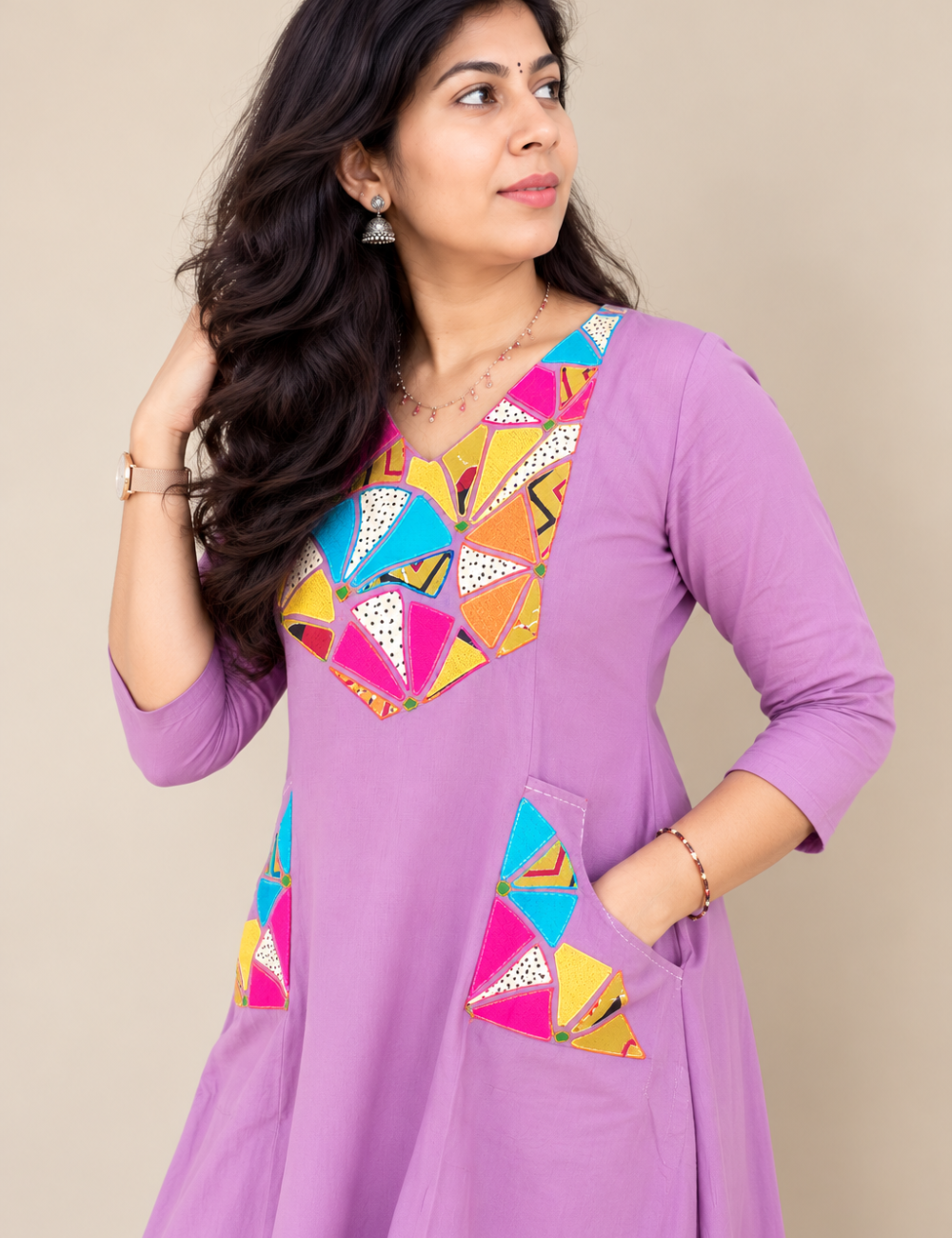 Lavendar Applique Work Kurti with Pant