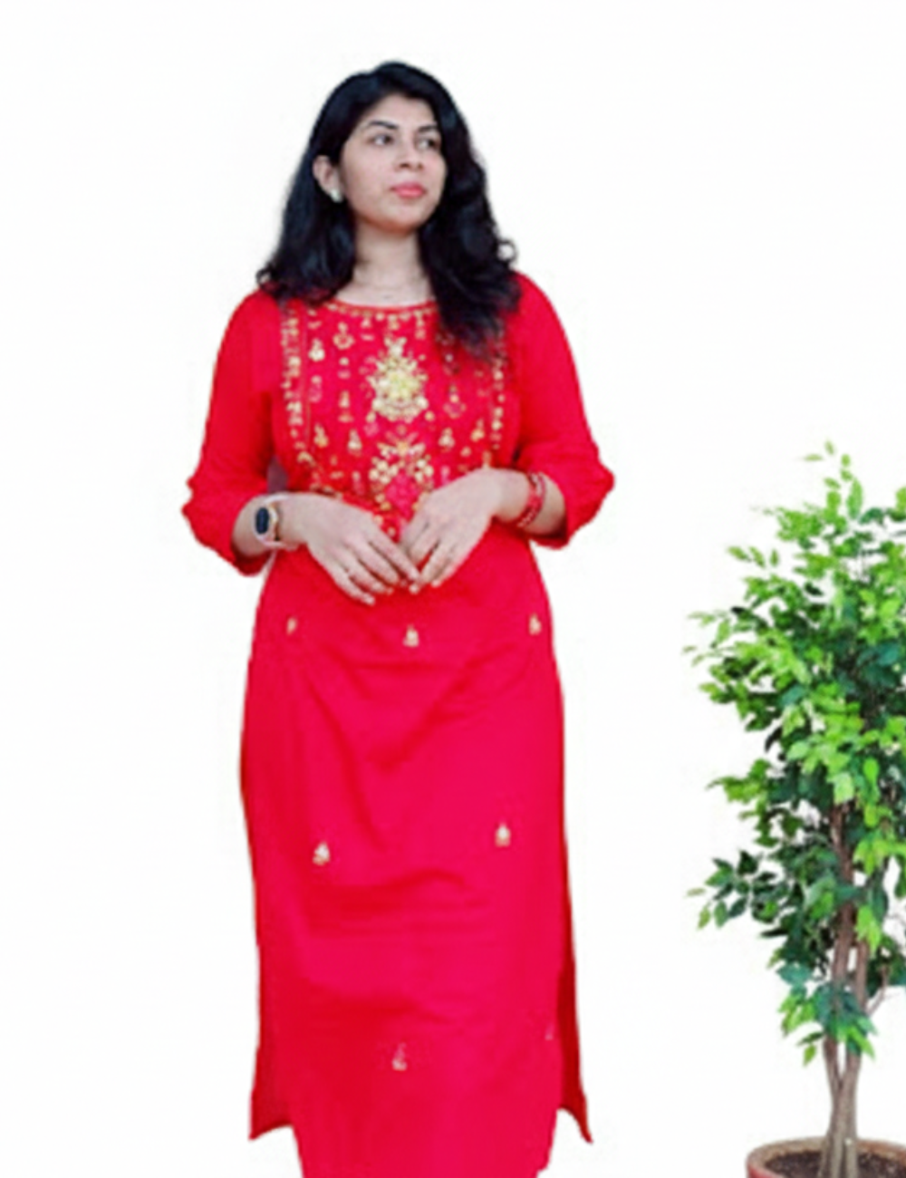 Red Hand Embroidered Mul Cotton kurti