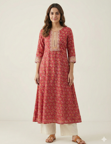 Dark Pink Umbrella Rayon Cotton Kurti