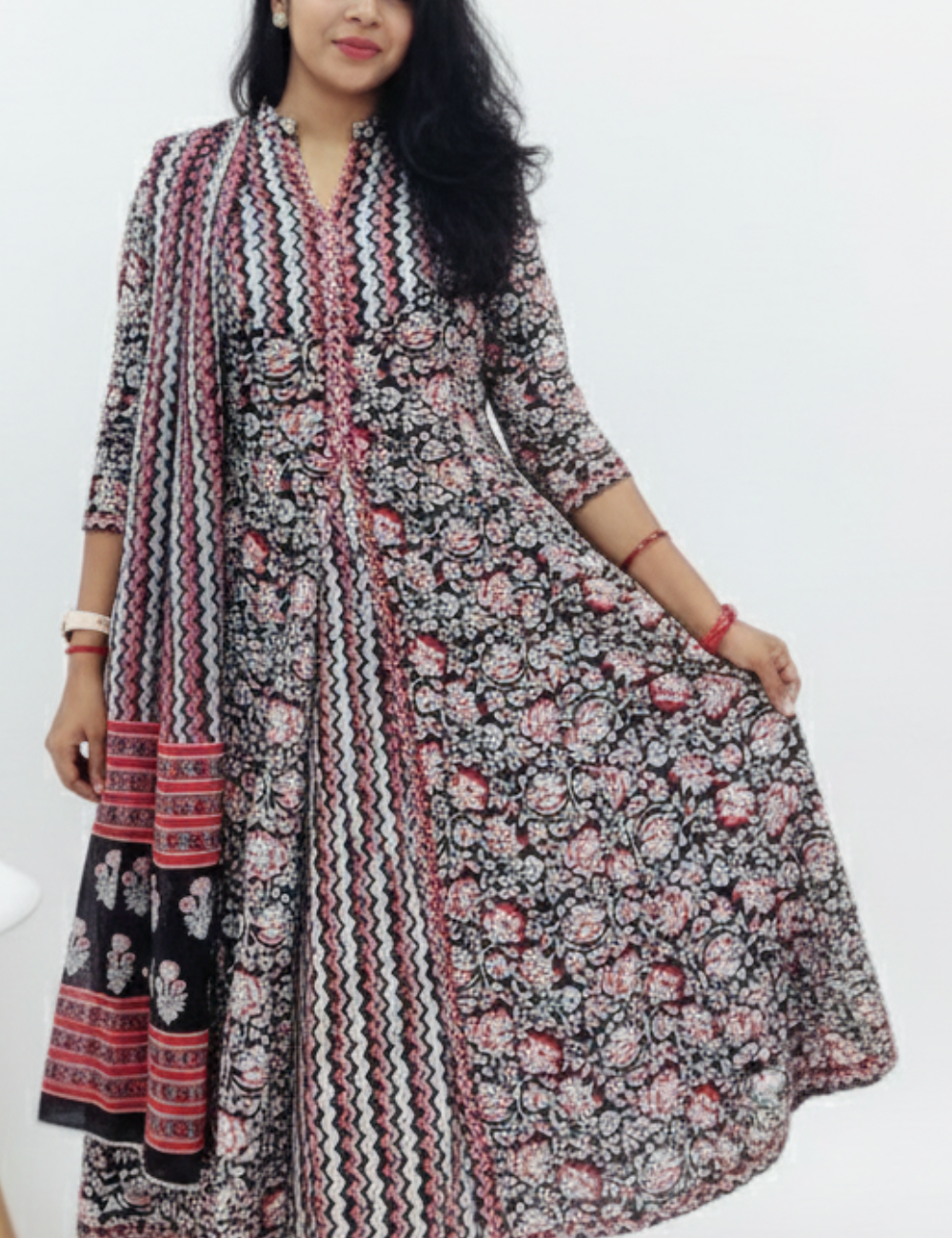 Black zig Zag Anarakali Suit Set