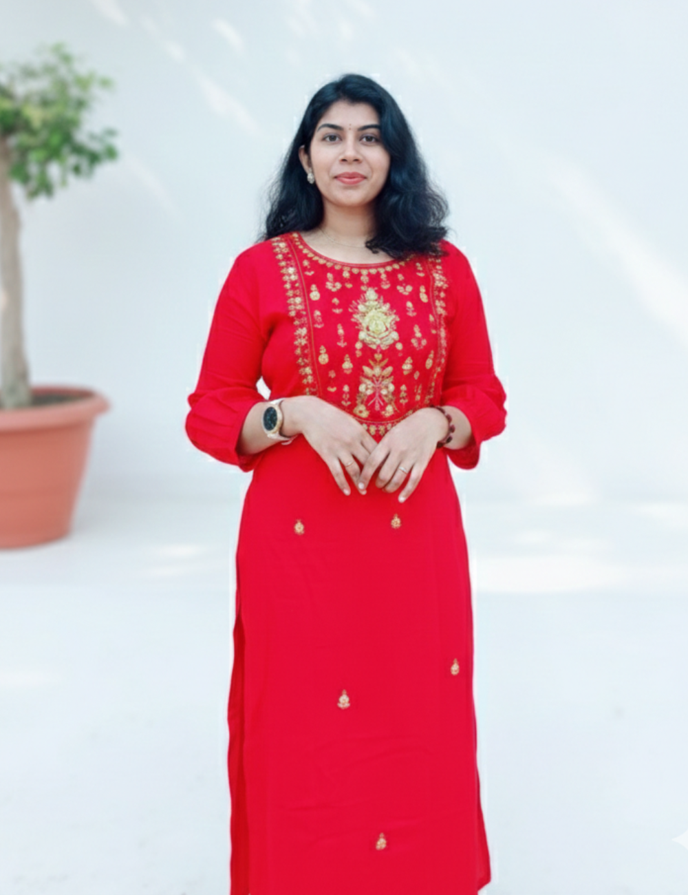 Red Hand Embroidered Mul Cotton kurti