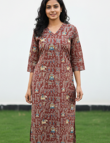 Brown Warli Print Cotton Kurti