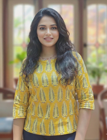 Yellow and Green Cotton Short Kurti