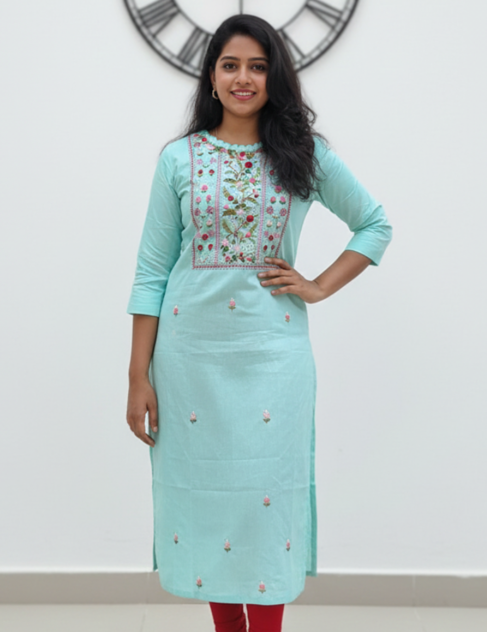Light Blue Hand Embroidered Mul Cotton Kurti