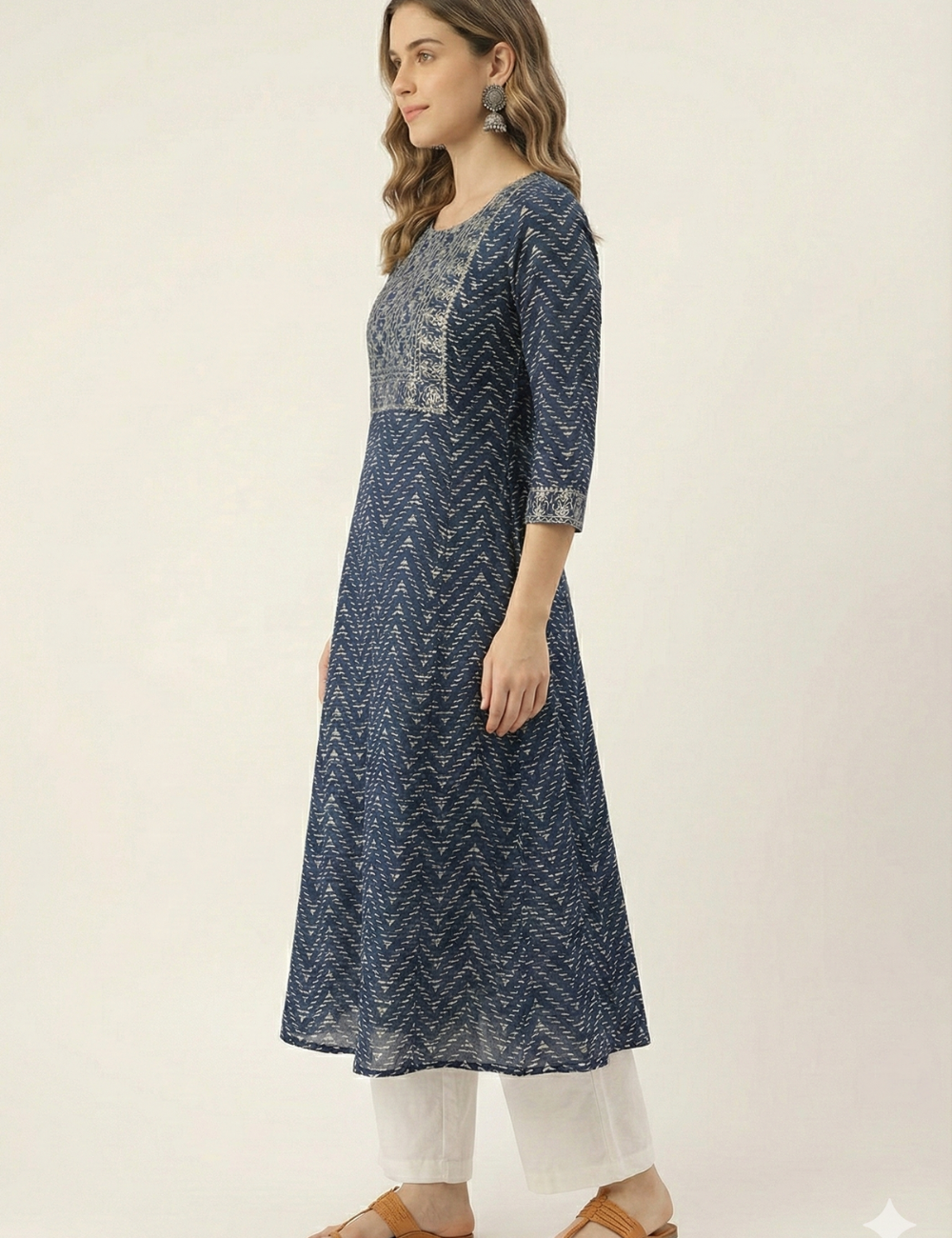 Blue Bandini Rayon Cotton Umbrella Kurti With Gotta Patti