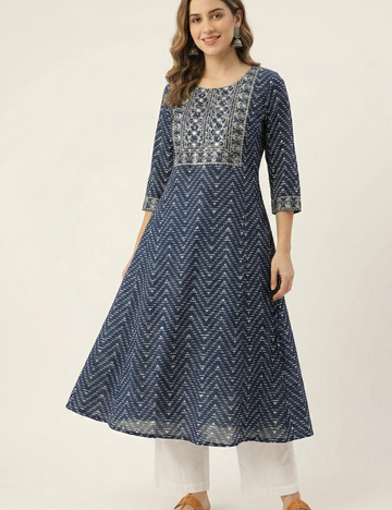 Blue Bandini Rayon Cotton Umbrella Kurti With Gotta Patti