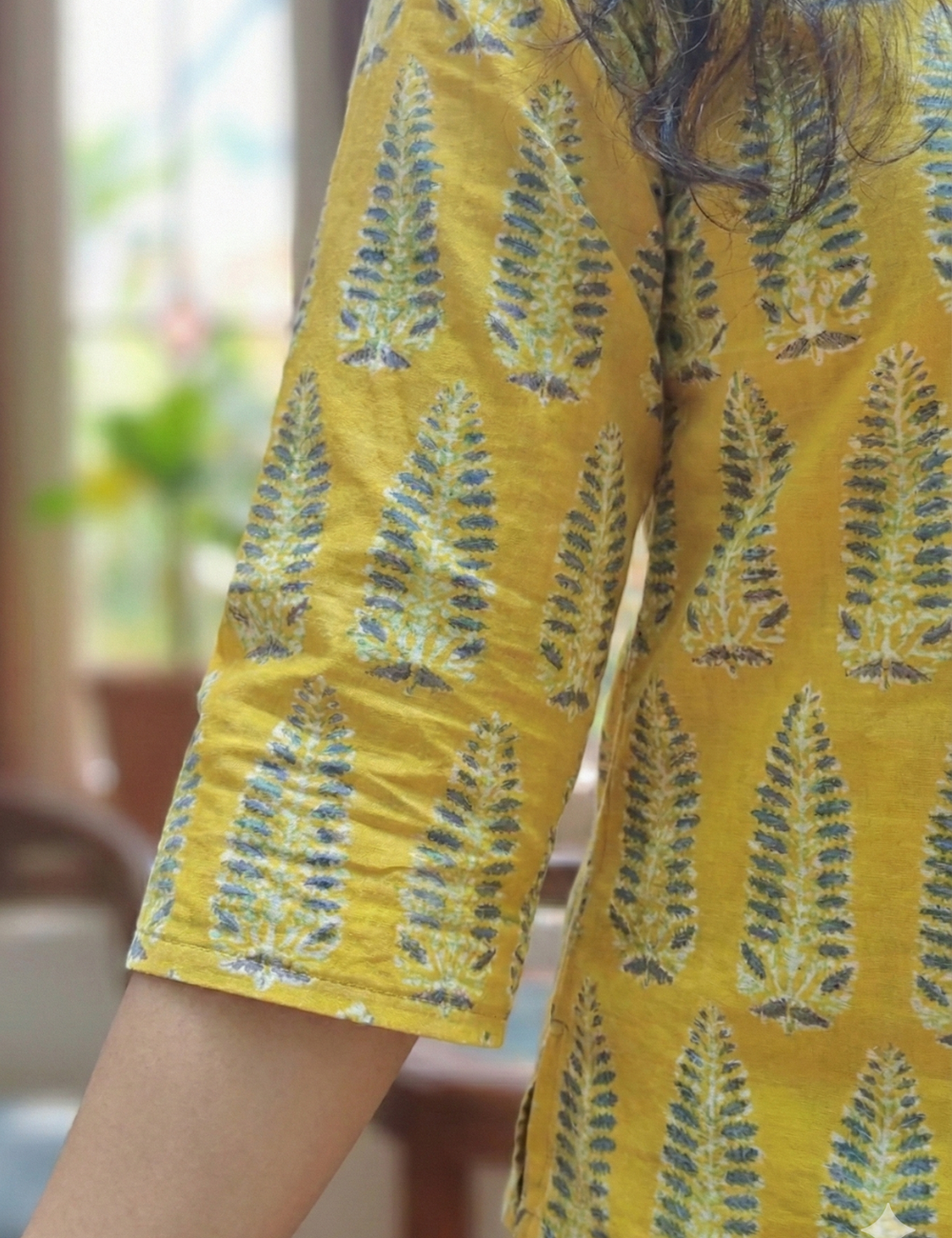 Yellow and Green Cotton Short Kurti