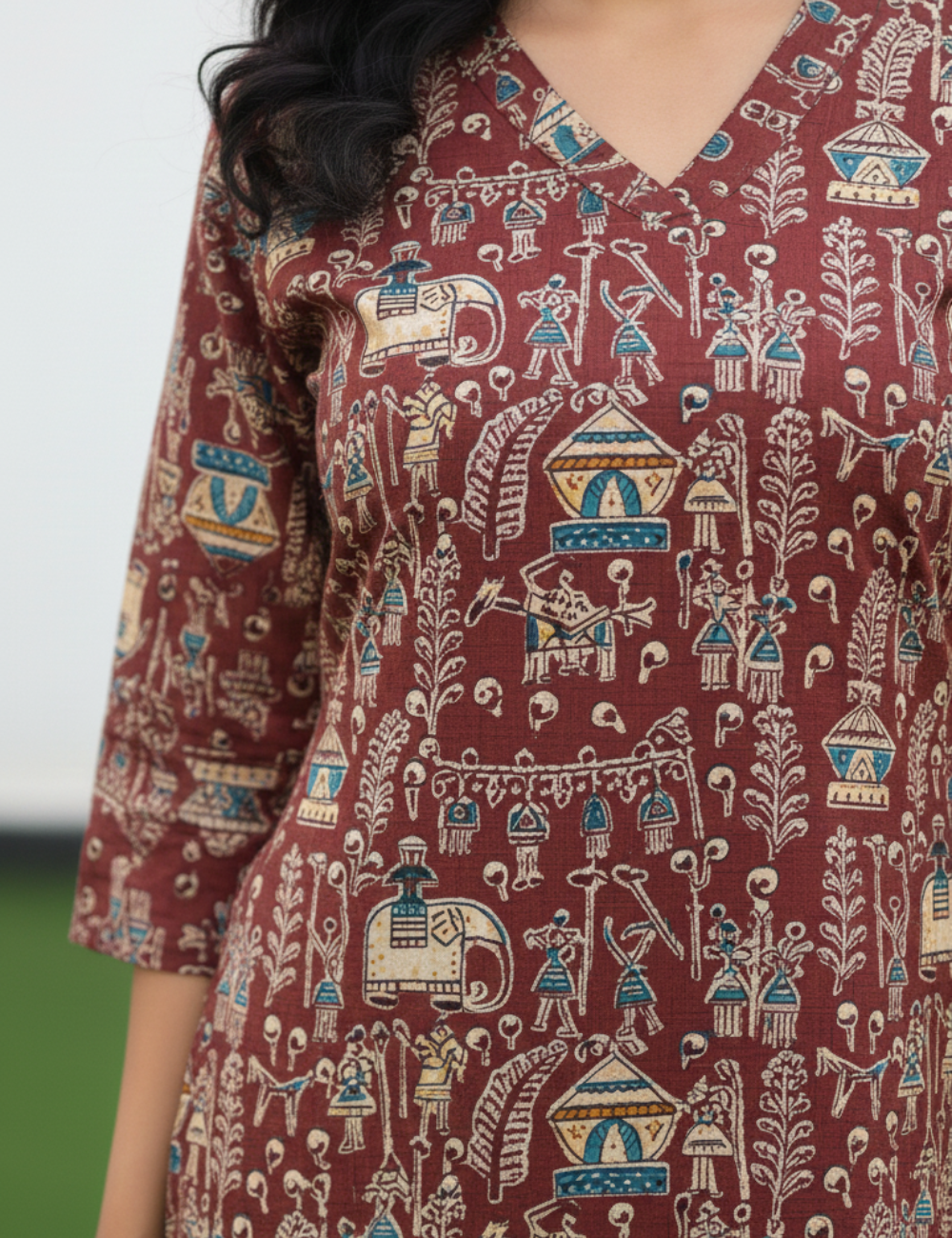 Brown Warli Print Cotton Kurti