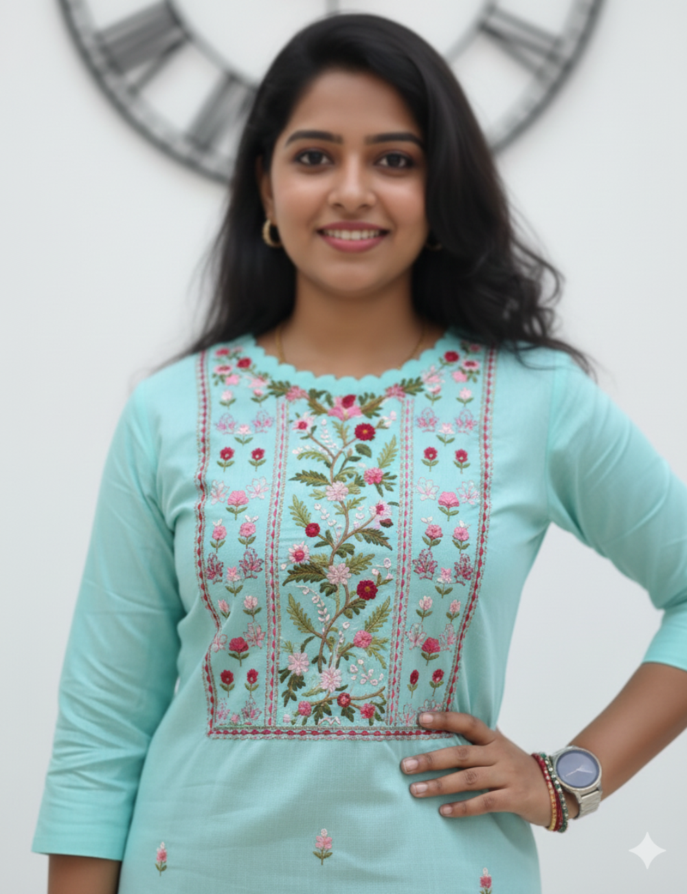 Light Blue Hand Embroidered Mul Cotton Kurti