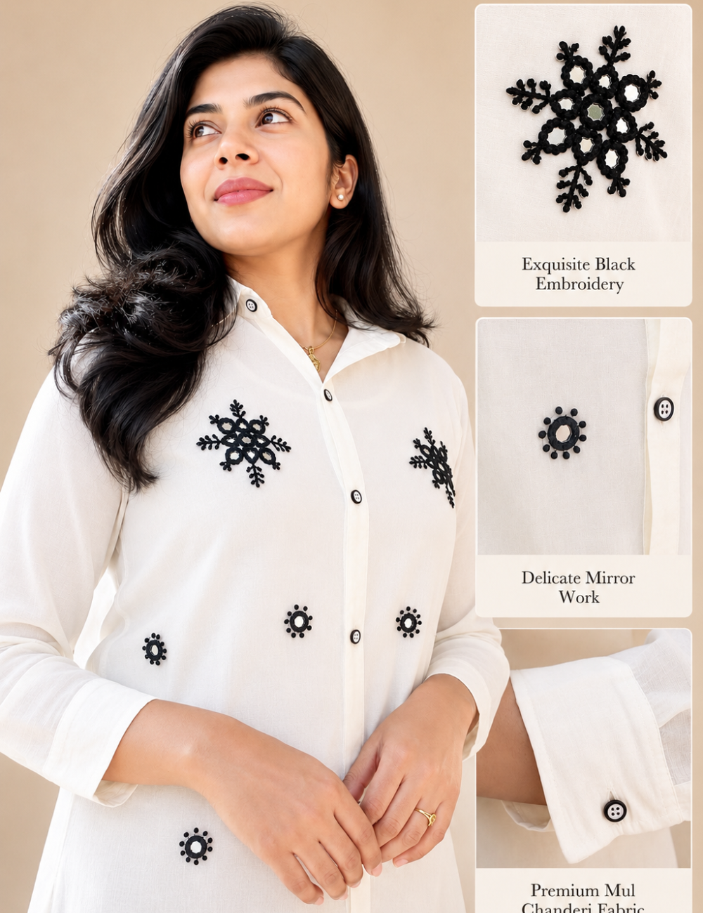 White Mul Chanderi Mirror and Enbroidery Work Short Top