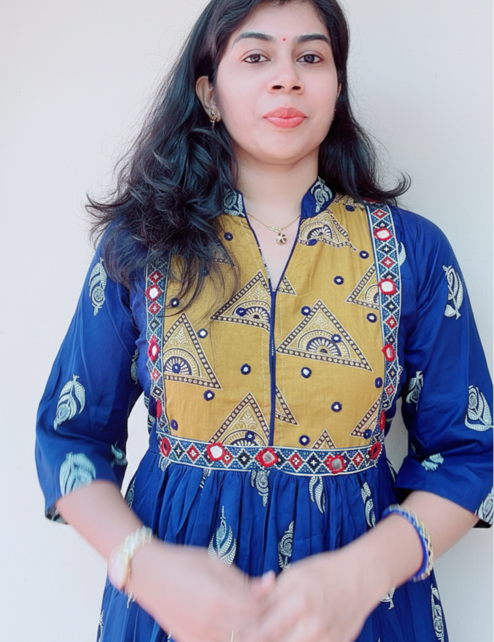 Blue With Yoke Patch Work and Mirror Work Cotton Anarkali Kurti