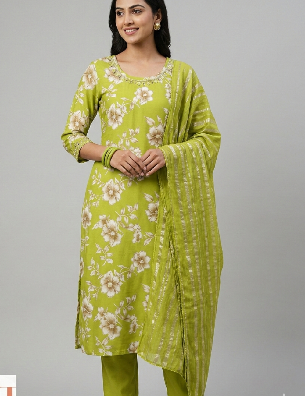 Light Green Mirror Work Roman Silk Suit Set
