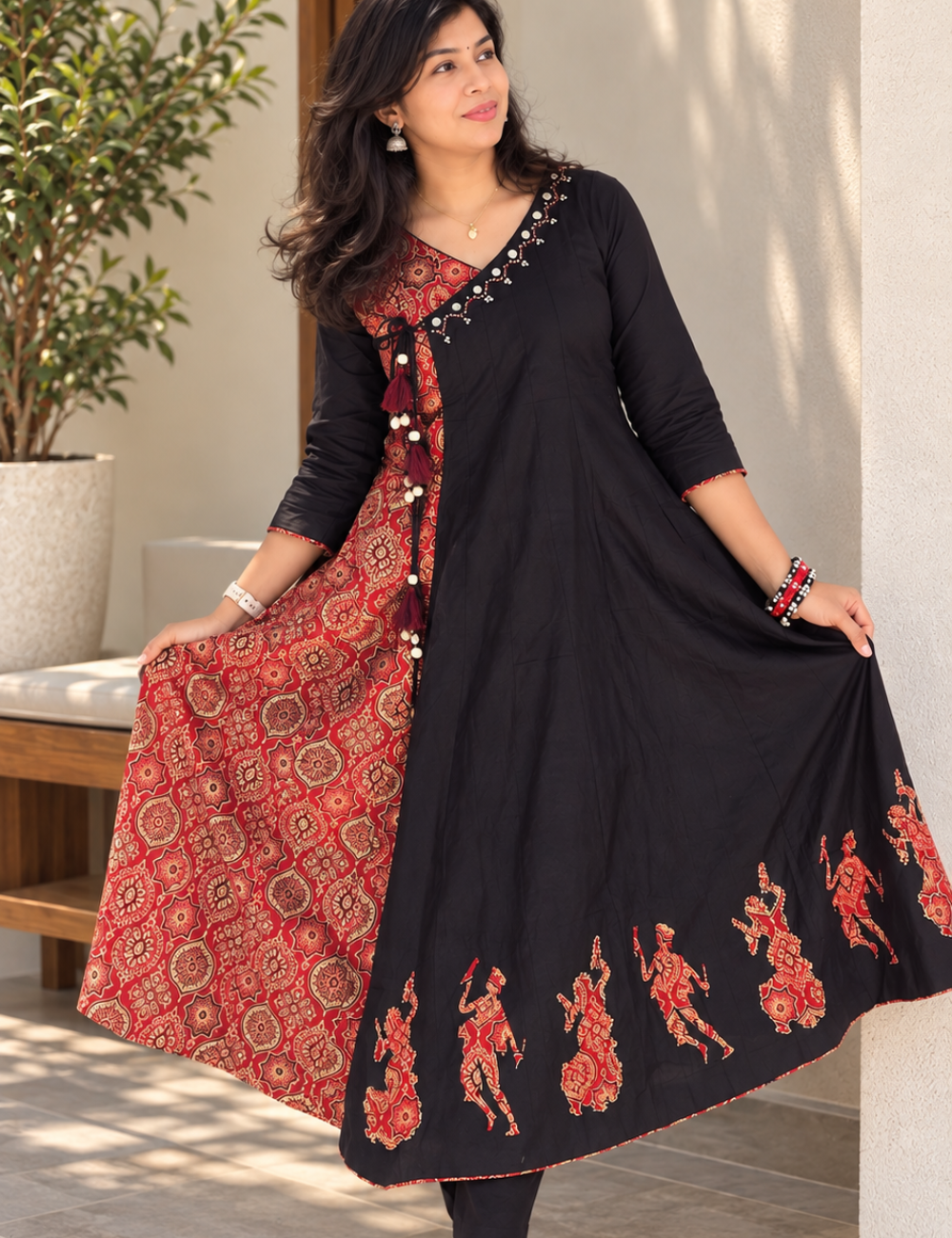 Black and Red Angrakha Kurti with Pant