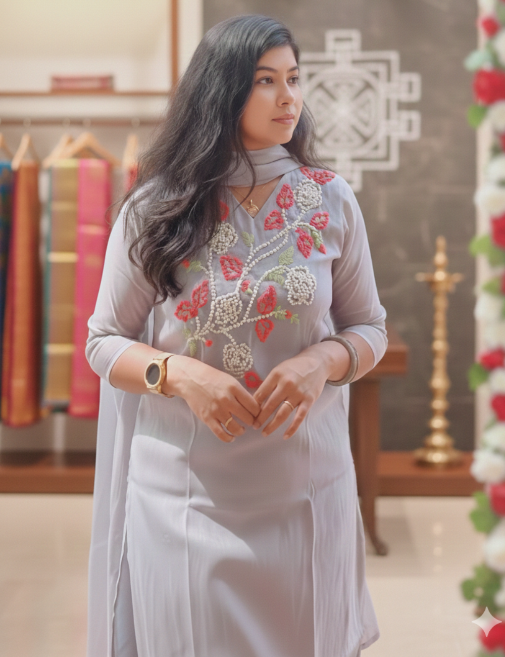 Grey Mul Chanderi With Yoke Embroidery Suit Set