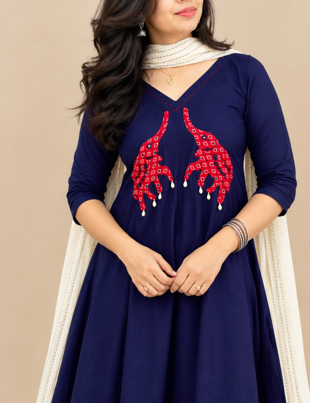 Blue Applique Work Cotton Suit Set