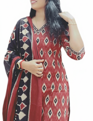 Red and Black 3 Piece Cotton Suit Set