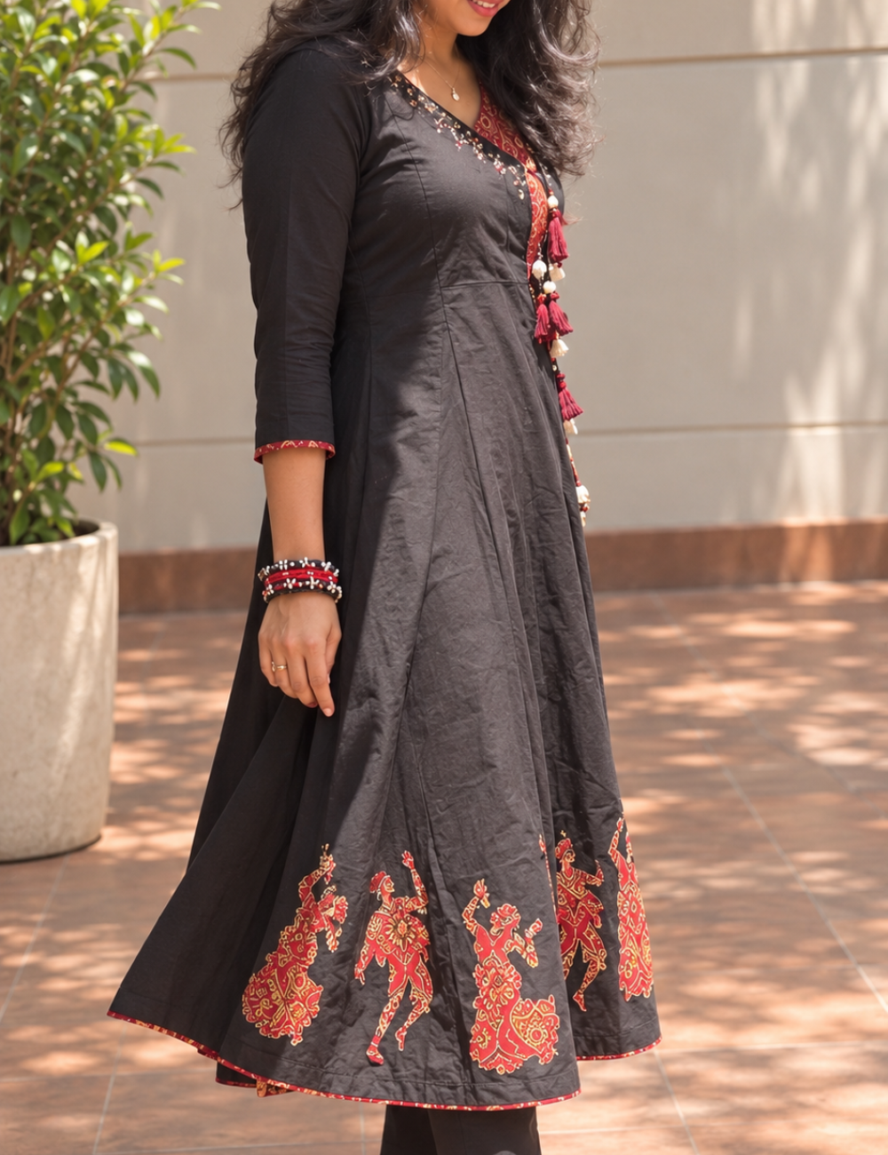 Black and Red Angrakha Kurti with Pant