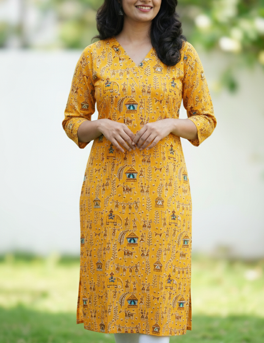 Mango Yellow Warli Print Cotton Kurti