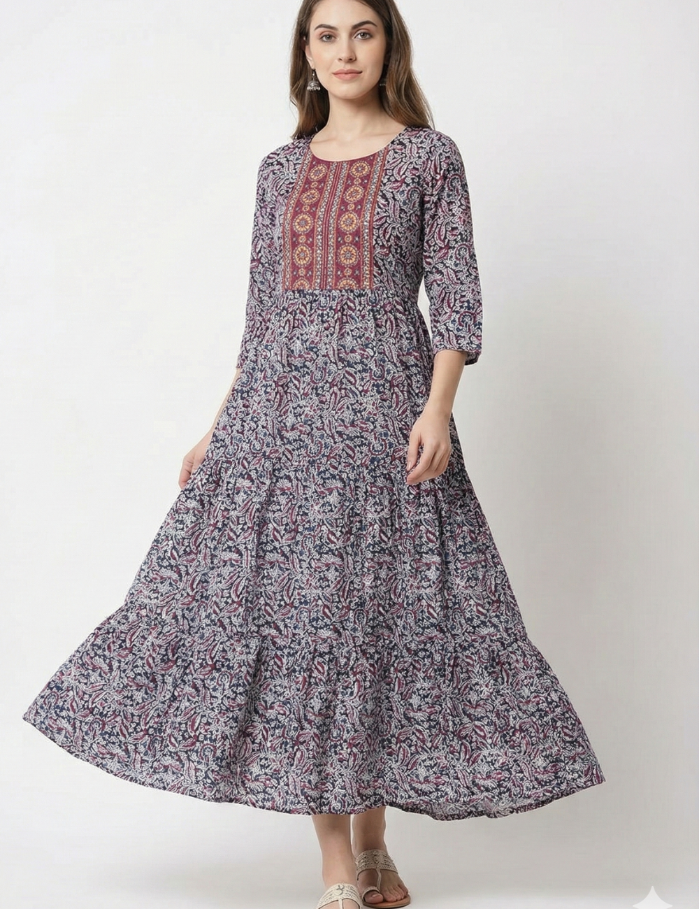 Half White With Red Yoke Work Cotton Umbrella Kurti