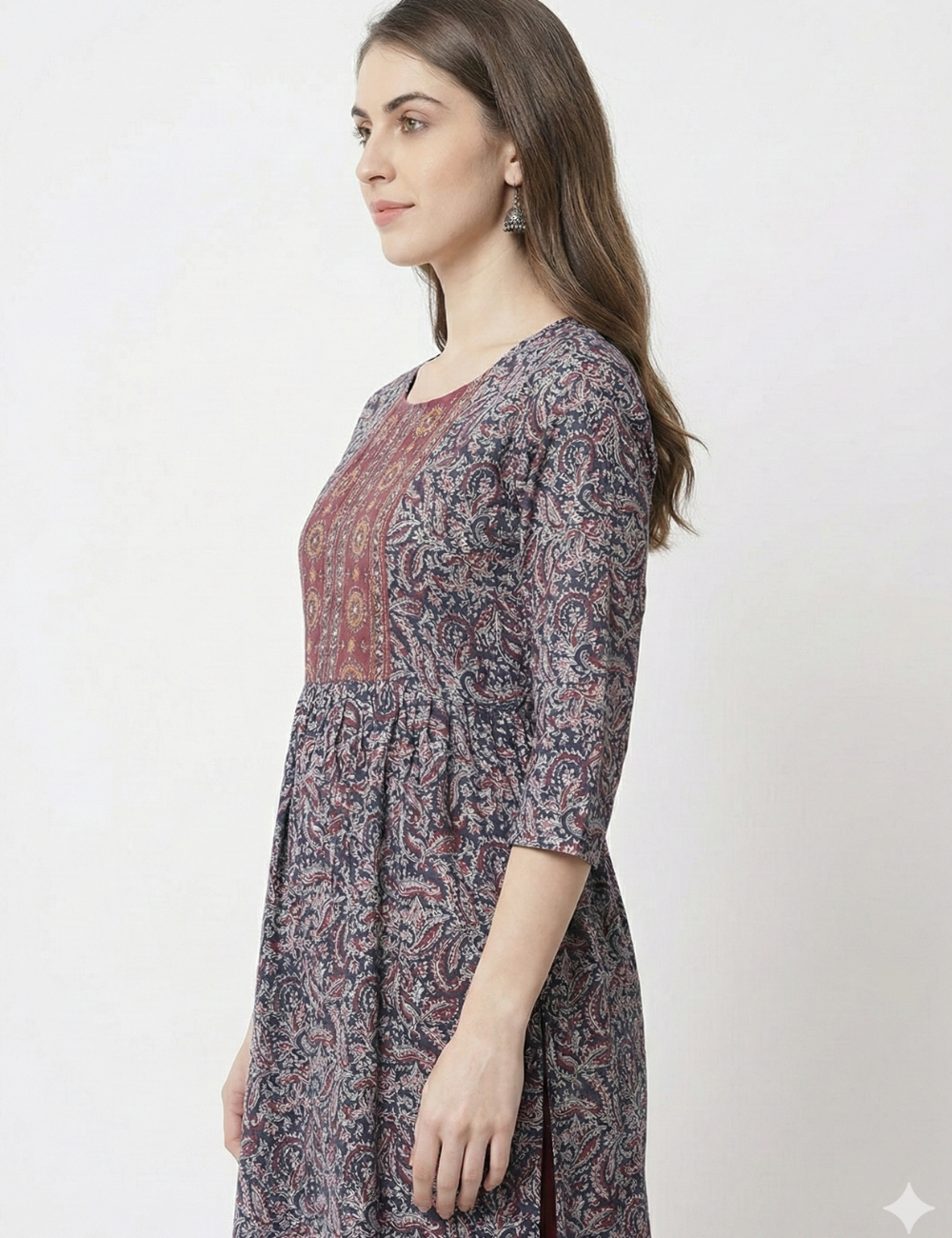 Half White With Red Yoke Work Cotton Umbrella Kurti