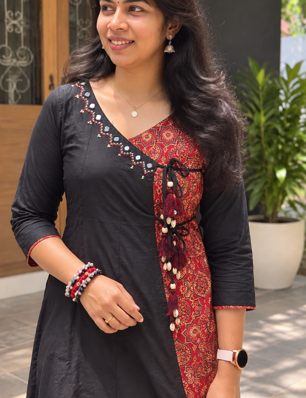 Black and Red Angrakha Kurti with Pant
