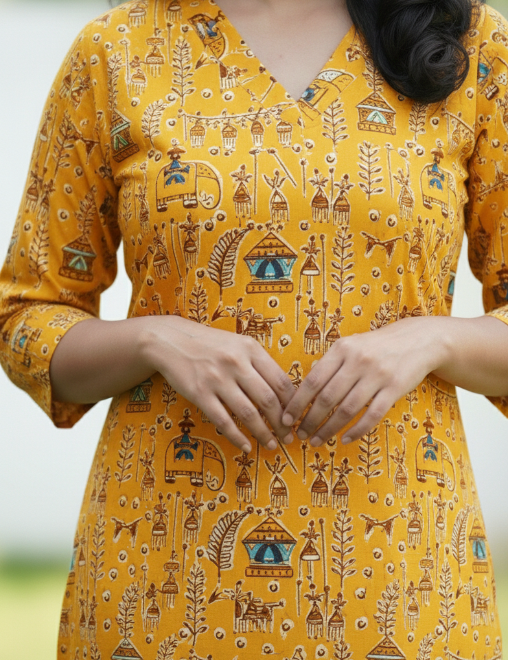 Mango Yellow Warli Print Cotton Kurti