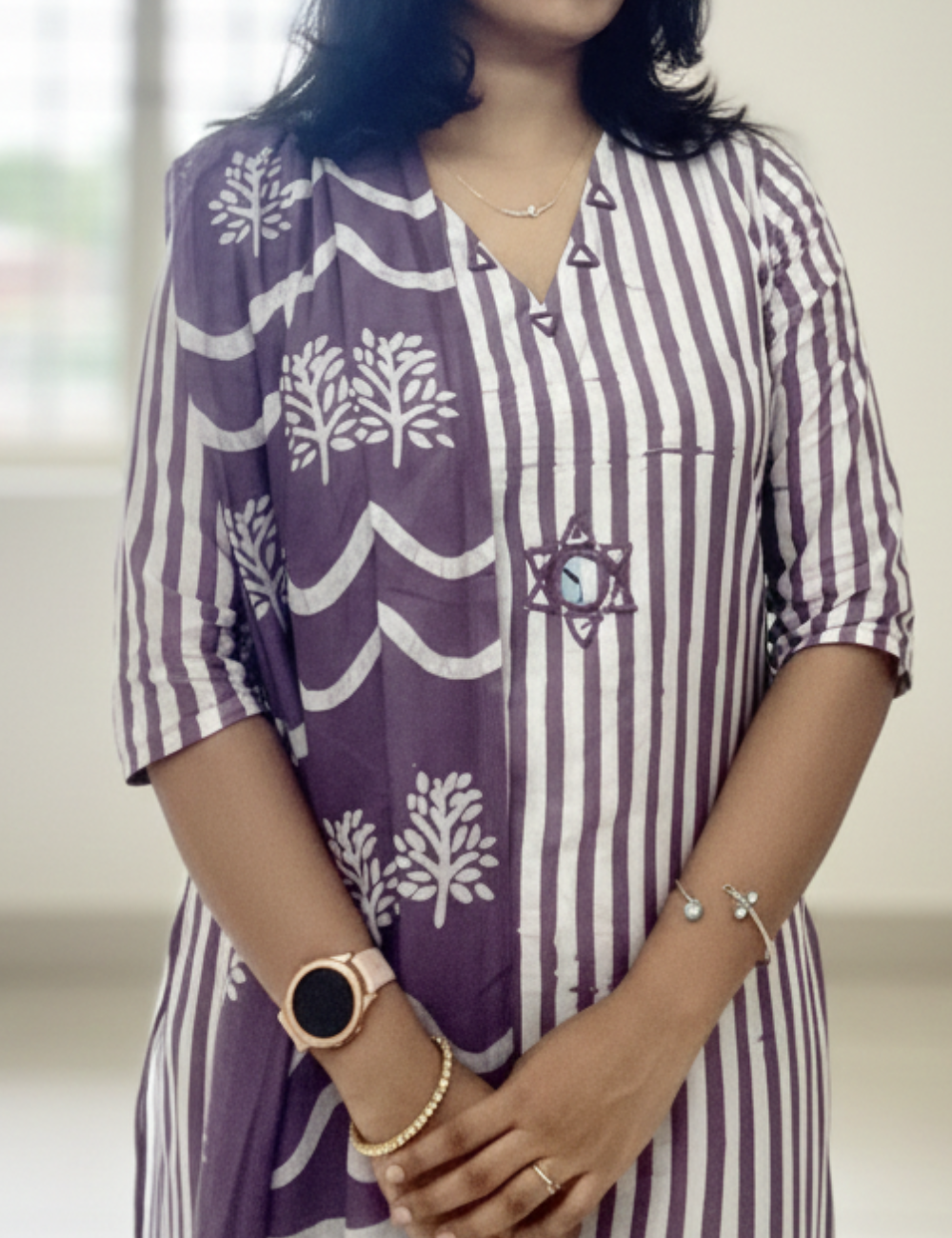 Batik print lavender mirror work suit set