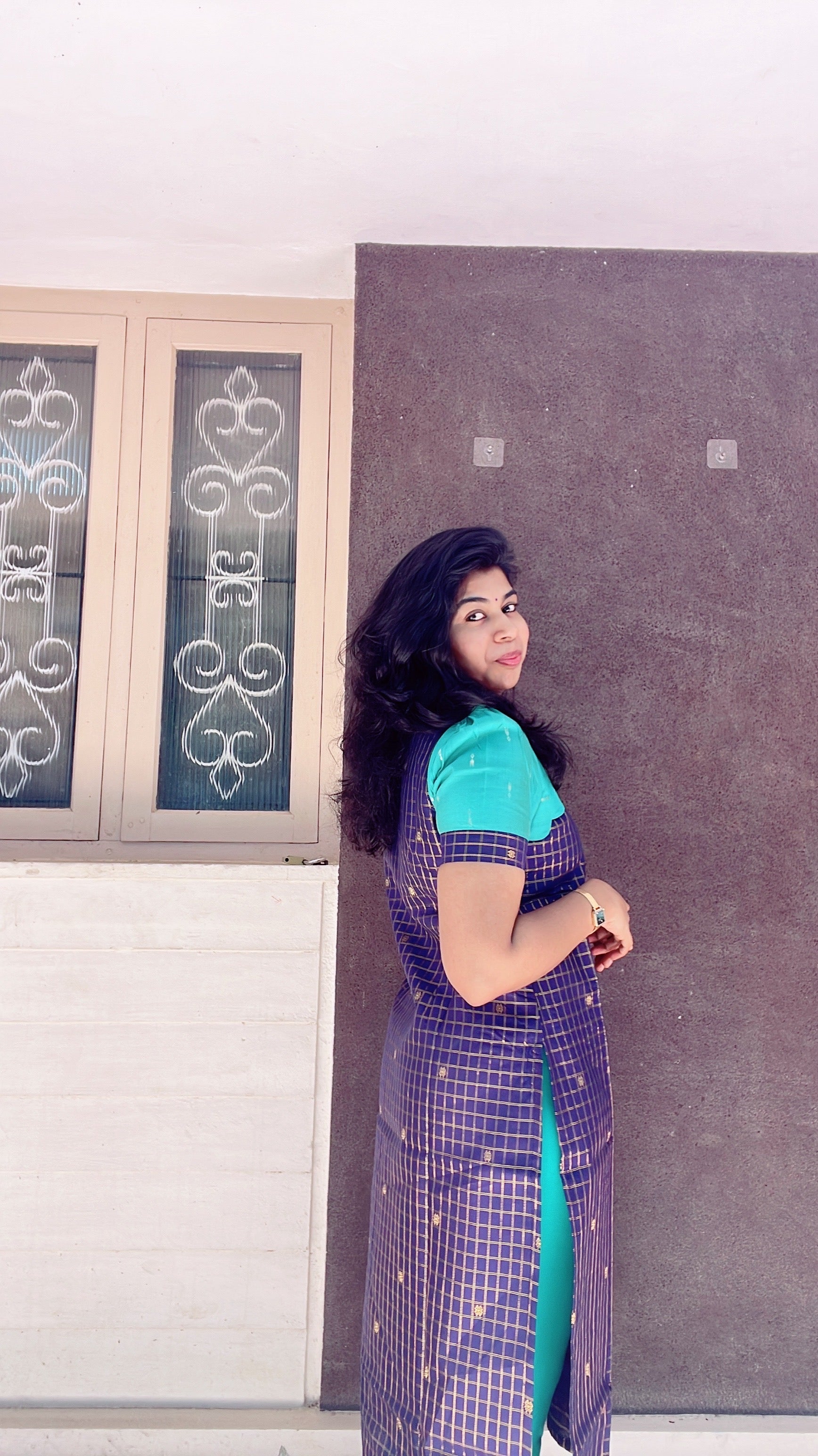 Dark blue with teal green raw silk kurti