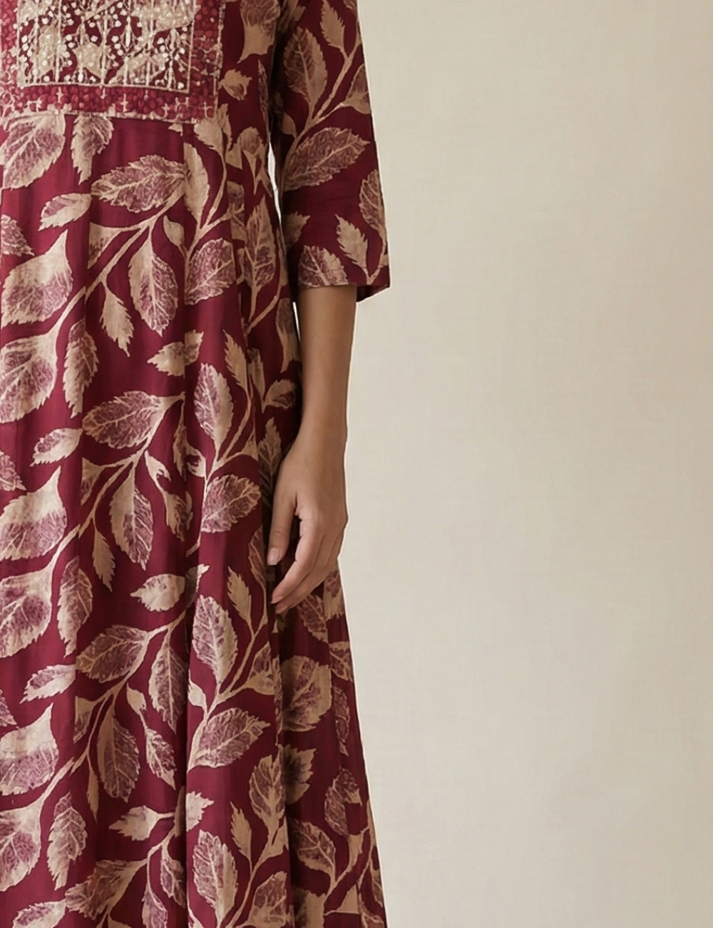 Deep Red With Yoke Work Cotton Umbrella Kurti