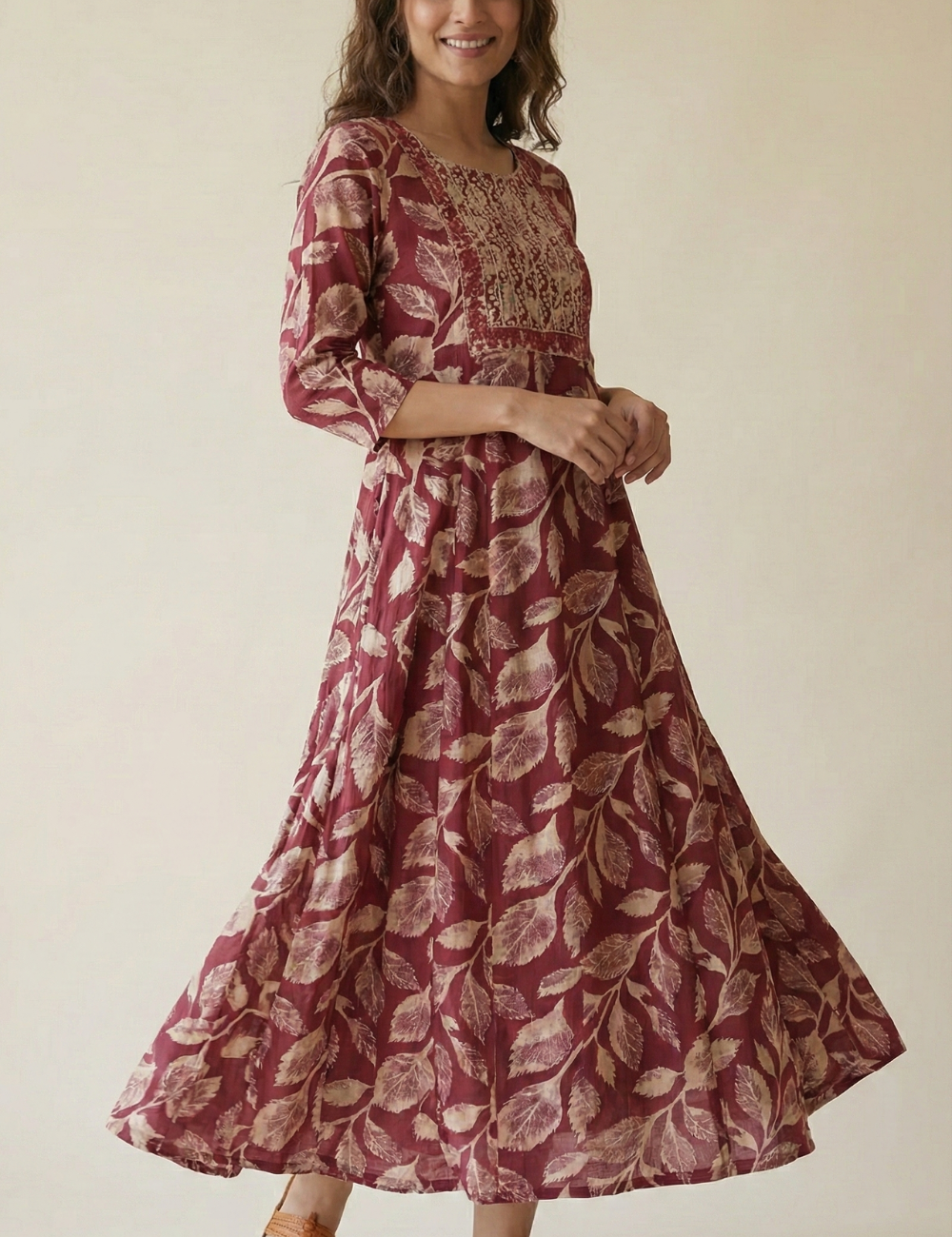 Deep Red With Yoke Work Cotton Umbrella Kurti